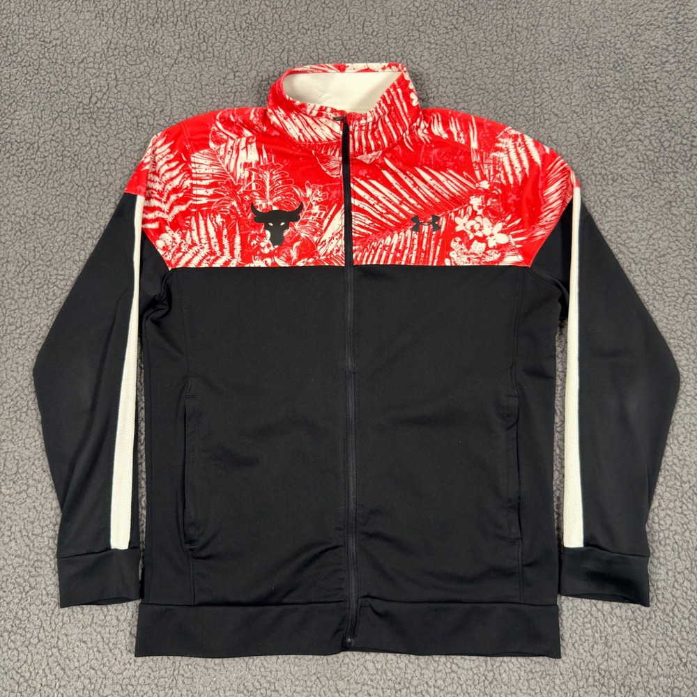 Under Armour Project Rock Mens Large Track Jacket Black Red Floral Full Zip Gym